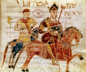 O Rei dos Francos e depois Lotharia I (século IX) Miniatura do "Codex Legum Longobardorum" (ou Langobardorum) descrevendo as leis do reino Lombard estabelecido pelo Rei Rothari