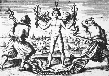 O Mercúrio dos Filósofos, de Della Tramutatione Metallica de Giovanni Battista Nazari (1589) ilustrado em uma história da magia publicada no final do século XIX