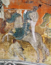 O Mês de Fevereiro, detalhe de um cavaleiro num torneio, c.1400 (fresco)
