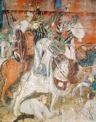 O mês de fevereiro, detalhe de cavaleiros em um torneio, c.1400 (fresco)
