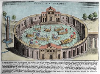 A Naumachia de Neron, representação de uma batalha naval em Roma. Gravura (século XVII).