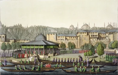 A apresentação do almirante ao sultão, gravura 14 da Parte III, Volume I de A História das Nações, gravada por Giacomo Bussi, cerca de 1820