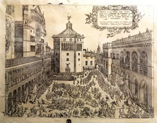 A festa do Taurus na Grande Praça de Cremone (Cremona), na Itália. Gravura de Cremona do século XVI, Museo Civico Itália