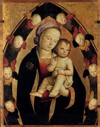 A Virgem e a Criança rodeadas por querubins Altarpiece da Escola Italiana