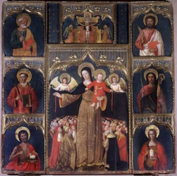 A Virgem com Cristo Criança: Altar de Nossa Senhora (Nossa Senhora) do Rosário. Seis santos rodeiam a Virgem: São Pedro, São João Baptista com o Cordeiro de Deus, São Bartolomeu, São Estêvão, São Julião, Santa Maria Madeleine. Acima, a crucha