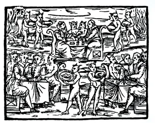 The Witches Sabbath, cópia de uma ilustração do Compendium Maleticarum por Pe. M Guaccius, Milão 1608, usado em History of Magic, publicado no final do século XIX