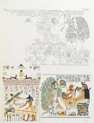 O falecido dado comida e vinho pela deusa árvore Sycamore e Anubis com a múmia