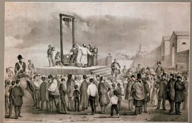 A execução em 13/03/1858 de Felice Orsini (1819 - 1858) e Pieri, que realizou o ataque de 14 de janeiro de 1858 contra Napoleão III na Place de la Roquette em Paris Litografia do final do século XIX. Museo del Risorgimento de Milão