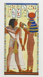 A deusa Hathor colocando a coleira mágica em Seti I