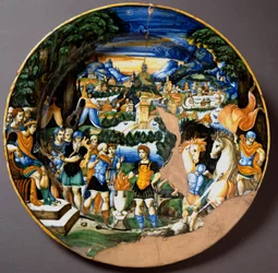 O herói Caio Múcio Cévola diante de Porsena, rei etrusco. Prato de cerâmica da oficina Fontana em Urbino, Itália. Cerca de 1560. Museu Nacional do Bargello, Florença