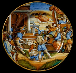 O martírio dos irmãos João e Paulo durante o reinado do imperador Juliano, o Apóstata (Flávio Cláudio Juliano, 331-363), produzido em Urbino, Itália. Cerca de 1540, Florença, Museo Nazionale del Bargello
