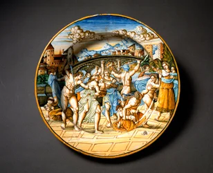 O Massacre dos Inocentes. Prato de cerâmica da oficina Fontana em Urbino, Itália. Cerca de 1566. Museu Nacional do Bargello, Florença
