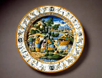 O encontro entre Aarão e Moisés. Prato de cerâmica da oficina Fontana em Urbino, Itália. Cerca de 1550. Museu Nacional do Bargello, Florença