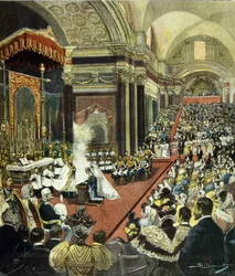 O casamento religioso do futuro rei Vítor Emanuel III (Victor-Emmanuel) (Vittorio Emanuele) com a princesa Helena de Montenegro na Igreja de Santa Maria degli Angeli, em Roma, em 1896.
