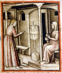 A fiação da lã no século XIV. Miniatura do códice 212 (ou códice padovano ou Bíblia de Pádua) 1390-1400 Rovigo, Accademia dei Concordi