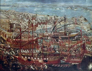 O regresso triunfante da frota veneziana ao arsenal após a campanha liderada por Doge Francesco Morosini contra os turcos em 1659 Pintura da Escola Veneziana - século XVII - Veneza, Museu Correr
