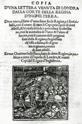 Página de rosto para uma cópia de uma carta enviada da corte da rainha da Inglaterra (xilogravura e impressão tipográfica)