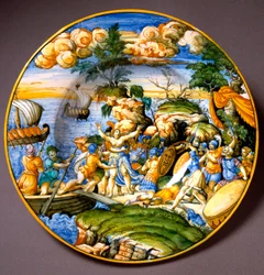 Guerra de Troia: o rapto de Helena. Prato de cerâmica de Urbino, Itália. Cerca de 1550. Museo Nazionale del Bargello, Florença, Itália