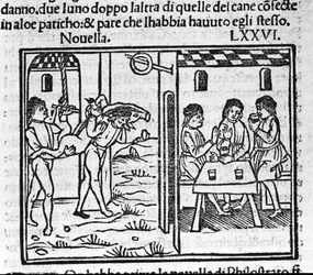 Dois homens carregando um porco no ombro. Ilustração para a notícia 76 (Novo 6 do oitavo dia) do "Decameron" de Giovanni Boccaccio dit Jean Boccaccio (1313-1375), escritor italiano. Gravura em "Decamerone ouer Cento nouelle" Veneza, Bartolomeo de