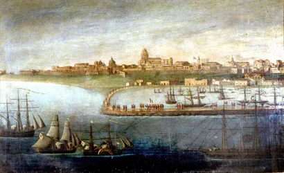 Unite of Italy: expedição das Mil ou Camisas Vermelhas liderada por Giuseppe Garibaldi (1807-1882). A casca da árvore em Marsala, Sicília. A pintura anónima. Museo del Risorgimento de Milão