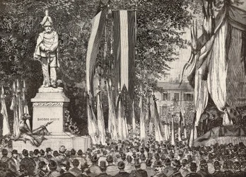Revelação do monumento ao General Giacomo Medici, Milão, Itália, gravura de desenho de Edoardo Ximenes da fotografia Rossi, de L