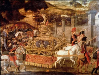 Vitória de Lucius Aemilius Paullus ou Paul Emile the Macedonian (ca. 230-160 AC) sobre Persee King of Macedonian Detalhe da procissão e da carruagem triunfante. Pintura da escola florentina do século XV. Paris, Musee Jacquemart Andre