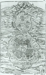 Vista do norte da cidade asteca de Tenochtitlan, de Relatione della Città del Temistitan por Giovanni Battista Ramusio (1485-1557) publicado em Veneza 1606