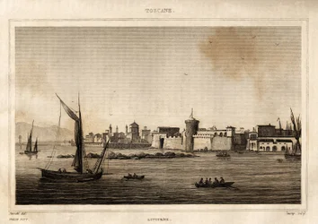 Vista de Livorno na Toscana. Gravura de Storetti em "Itália pitoresca", editora Amable Coste, Paris