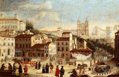 Vista da Piazza di Spagna (Piazza di Spagna), com a igreja Trinita dei Monti (Trinita des Monts) em Roma (Vista da praça da Espanha e da igreja da Santíssima Trindade em Roma) Pintura da escola romana - século XVII (pintura)