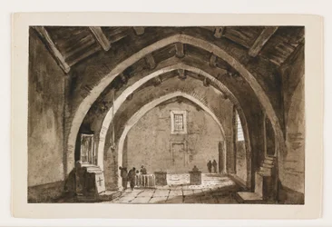 Vista, de, um, igreja interior, cedo, 19o século, (pen & brown, ink & wash, over, black, chalk)