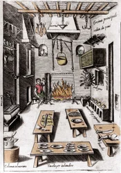 Vista de uma cozinha. Gravura de "Ópera", livro sobre gastronomia dividido em 6 partes, de Bartolomeo Scappi, cozinheiro pessoal do Papa Pio V. Veneza.
