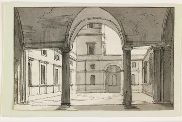 Vista, italiano, colonnade, pátio, cedo, 19o, século, (ink & brown, ink, grey, lavagem, sobre, pretas, chalk)