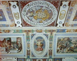 Vista da Sala dei Fasti Farnese (Salão dos Esplendores dos Farnese), concebida por Onofrio Panvinio e afrescada por Taddeo (1529-66) e Federico Zuccaro (1540-1609) 1557-83 (detalhe)