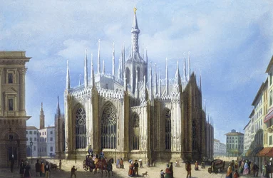 Vista da parte de trás da Catedral de Milão a partir de vistas de Milão e seus arredores