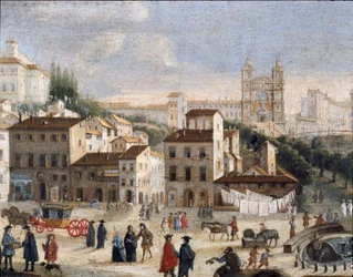 Vista da Praça de Espanha e da Igreja da Santíssima Trindade em Roma - século XVII (pintura)