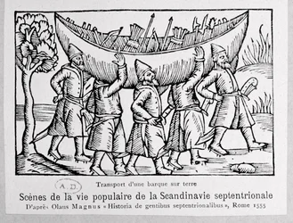 Vikings que levam um barco para a Rússia, a partir de uma história dos povos do Norte por Olaus Magnus (1490-1558), publicado em Roma, 1555