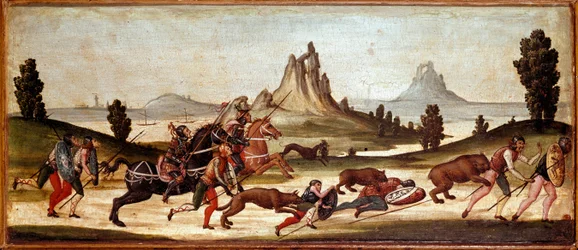 Cena de caça de animais selvagens. Os caçadores são mordidos por animais. Pintura da escola sienesa. Século XV, Florença, Museo Nazionale del Bargello