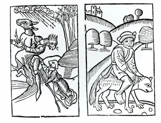 Bruxas disfarçadas de animais que montam um cabo de vassoura (à esquerda) e bruxas masculinas montadas em um lobo (à direita), cópias de ilustrações do Compendium Maleticarum do Pe. M. Guaccius, Milão 1608, usadas na História da Magia.