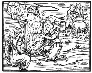 Bruxas assando e fervendo crianças, cópia de uma ilustração do Compendium Maleticarum por Pe. M. Guaccius, Milão 1608, usado em History of Magic, publicado no final do século XIX