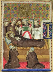 Historiated inicial B retratando um santo franciscano em seu leito de morte