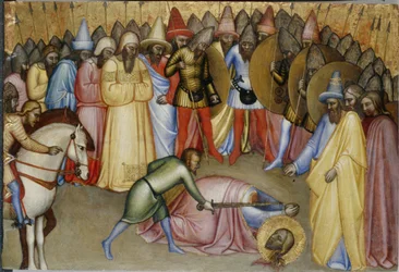 A decapitação de um santo (tempera na madeira)