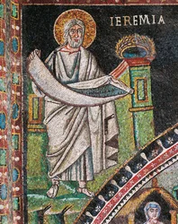 Profeta Jeremias, mosaico, esquerda de lunette, parede norte do presbitério, Basílica de San Vitale (Lista do Património Mundial da UNESCO