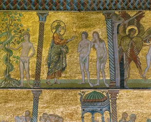 A Queda. Deus surpreende Adão e Eva no Jardim. (mosaico)