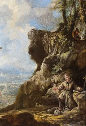 São Francisco em êxtase junto a um afloramento rochoso, uma paisagem mais além (óleo sobre cobre)