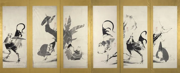 Um de um par de telas dobráveis (tinta no papel) (par para 3742188)