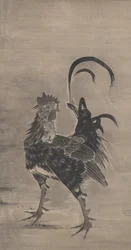 Galos, galinha e pintinhos, à esquerda de um casal, 1795