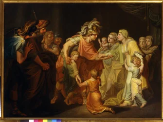 O príncipe russo Svyatoslav I (c. 945-972) encontra sua família em Kyiv após a Campanha no Danúbio de 967. Pintura de Ivan Akimovich Akimov (1754-1814)