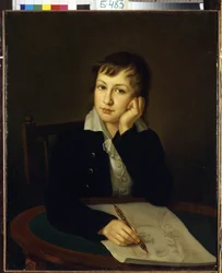 Retrato do Conde Alexander Nikolayevich Mordvinov (1799-1858). Jovem adolescente, na sua secretária, segurando a sua cabeça e um lápis mecânico, observando o rosto do pintor cujo rosto ele está a desenhar. Pintura por Ivan Alexeevich