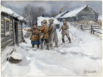 Avant la perquisition et la saisie - Antes da busca e apreensão (da série de aquarelas Revolução Russa) - Vladimirov, Ivan Alexeyevich (1869-1947) - 1920 - Aquarela sobre papel - 25,6x34,3 - Coleção Particular