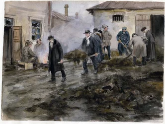 Bourgeois nettoyant une etable - Bourgeoisie limpando os estábulos (da série de aquarelas revolução russa) - Vladimirov, Ivan Alexeyevich (1869-1947) - 1920 - Aquarela sobre papel - 25,8x34,4 - Coleção Particular